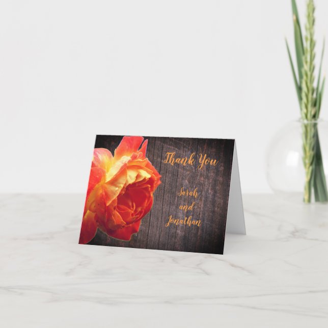 Orange Rose Barnwood Personalized Wedding  Thank You Card (Front)