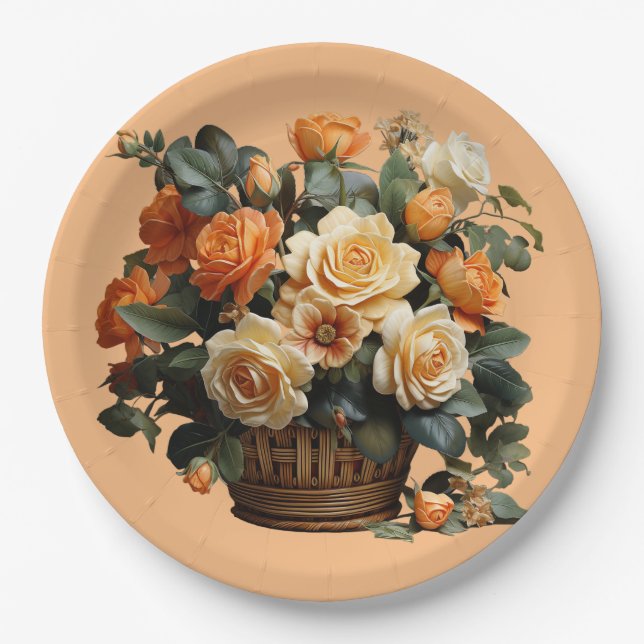 Orange Rose Basket Paper Plates (Front)