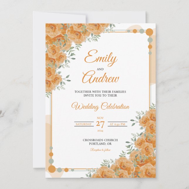Orange Rose Bead Elegant Floral Watercolor Wedding Invitation (Front)