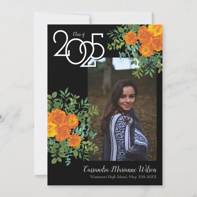 Orange Rose Black Photo Graduation Announcement (Front)