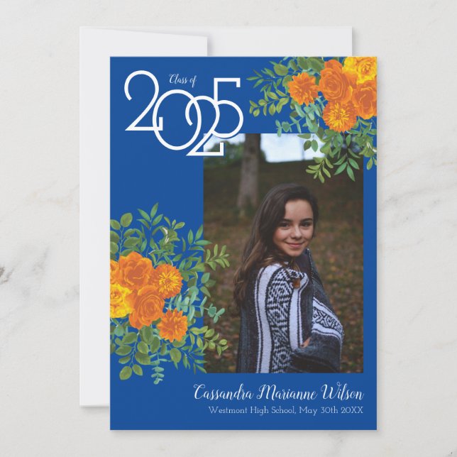 Orange Rose Blue Photo Graduation Announcement (Front)