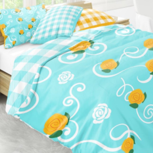 Orange Rose Doodle White Retro Swirl Curve Blue Duvet Cover (Creator Uploaded)