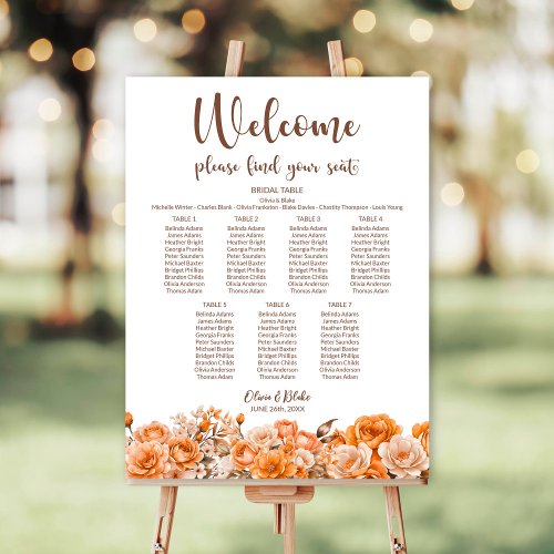 Orange Rose Floral 7 Table Wedding Seating Chart Foam Board