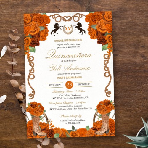 Orange Rose Floral Charro Ranch Quinceaera Invitation