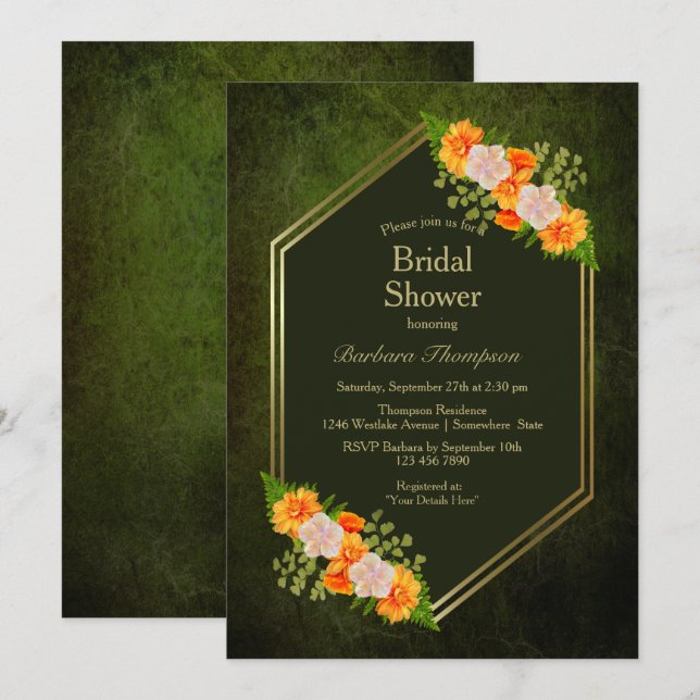 Orange Rose Floral Green Bridal Shower Invitation (Front/Back)