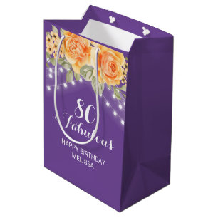 Orange Rose Floral String Lights Purple Birthday  Medium Gift Bag