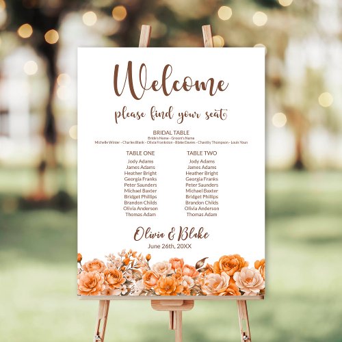 Orange Rose Floral Two Table Wedding Seating Chart Foam Board