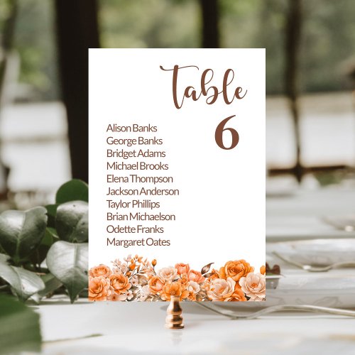 Orange Rose Floral Wedding Table Number