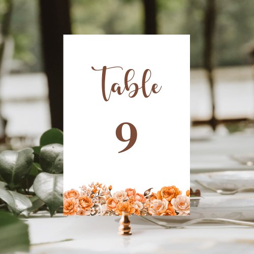 Orange Rose Floral Wedding Table Number