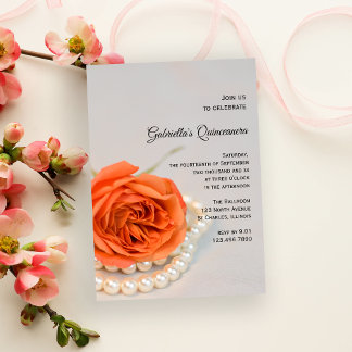 Orange Rose Flower and Pearls Quinceanera Party Invitation