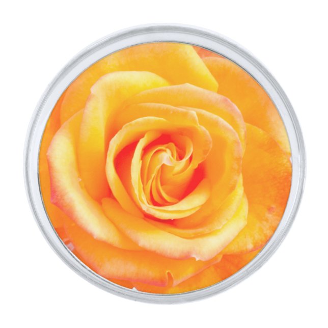 Orange rose flower silver finish lapel pin (Front)