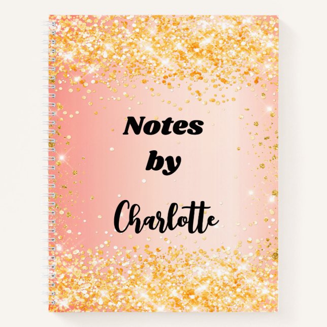 Orange rose gold glitter name script notebook (Front)