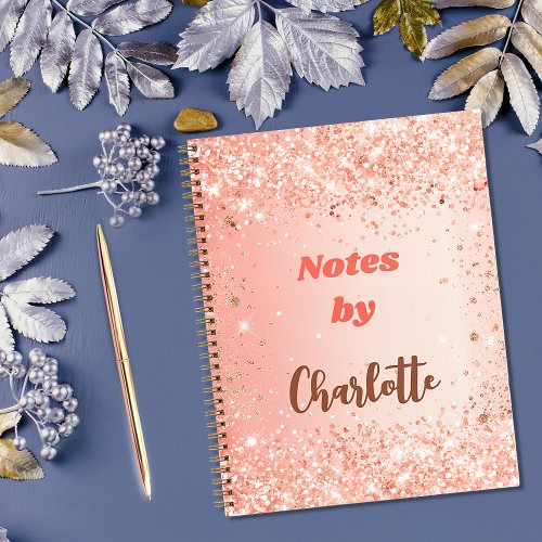 Orange rose gold glitter name script notebook