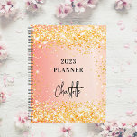 Orange rose gold glitter script glam 2024 planner<br><div class="desc">An orange and rose gold gradient background. Decorated with faux gold glitter sparkles. Personalize and add a title and a name. The name is written with a modern script,  signature look.</div>
