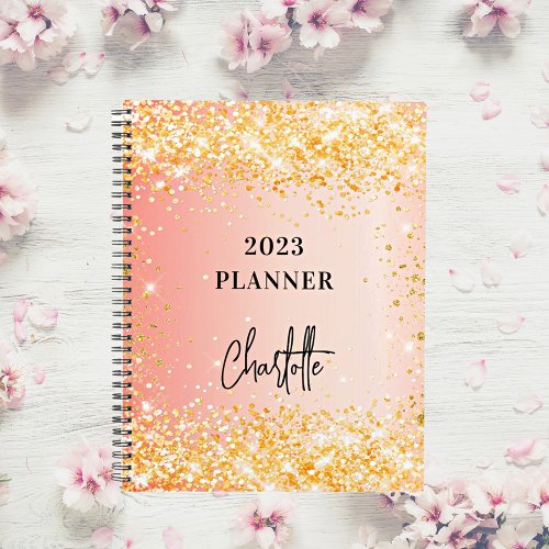 Orange rose gold glitter script glam 2024 planner