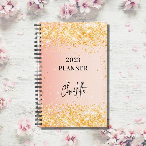 Orange rose gold glitter script glam 2024 planner