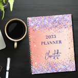 Orange rose gold violet purple glitter script 2024 planner<br><div class="desc">An orange and rose gold gradient background. Decorated with rose gold and violet,  lavender colored faux glitter sparkles. Personalize and add a title and a name. The name is written with a modern script,  signature look.</div>