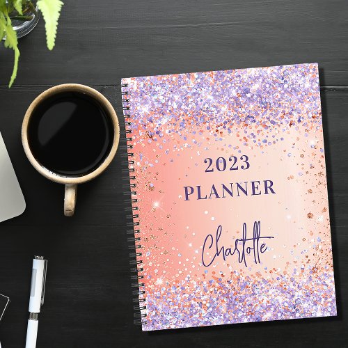 Orange rose gold violet purple glitter script 2024 planner