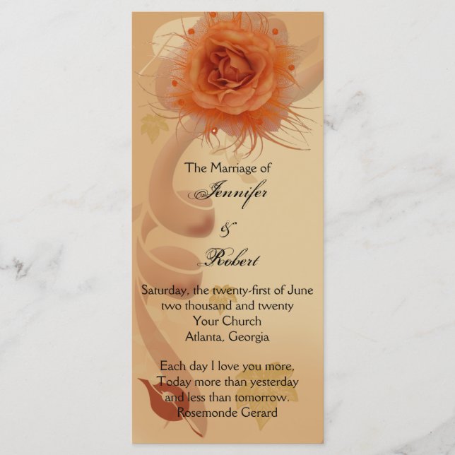 Orange Rose in the Fall Wedding Program (Front)