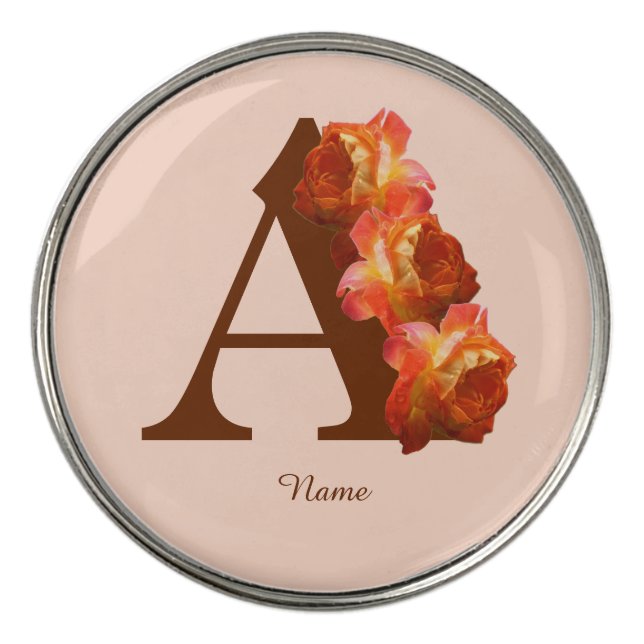 Orange Rose Monogram Initial A Personalized Golf Ball Marker (Front)
