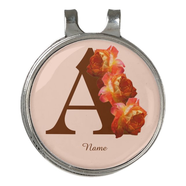 Orange Rose Monogram Initial A Personalized Golf Hat Clip (Front)
