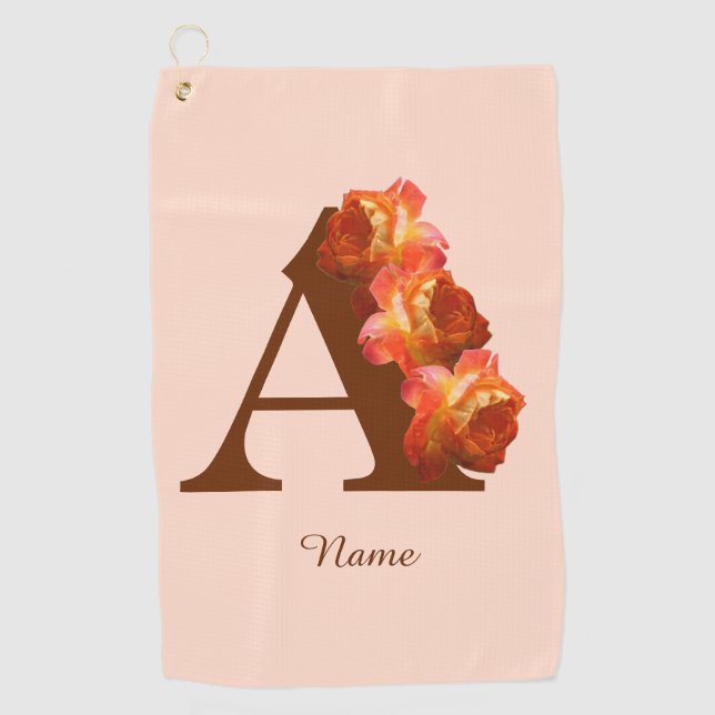 Orange Rose Monogram Initial A Personalized Golf Towel (Front)