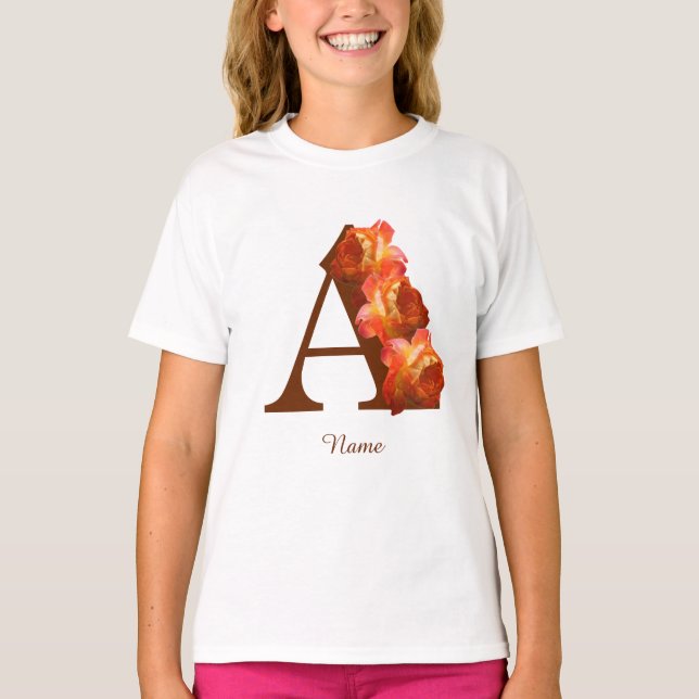 Orange Rose Monogram Initial A Personalized T-Shirt (Front)