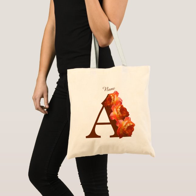 Orange Rose Monogram Initial A Personalized Tote Bag (Front (Product))