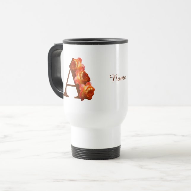 Orange Rose Monogram Initial A Personalized Travel Mug (Front Left)