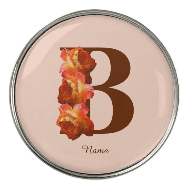 Orange Rose Monogram Initial B Personalized Golf Ball Marker (Front)