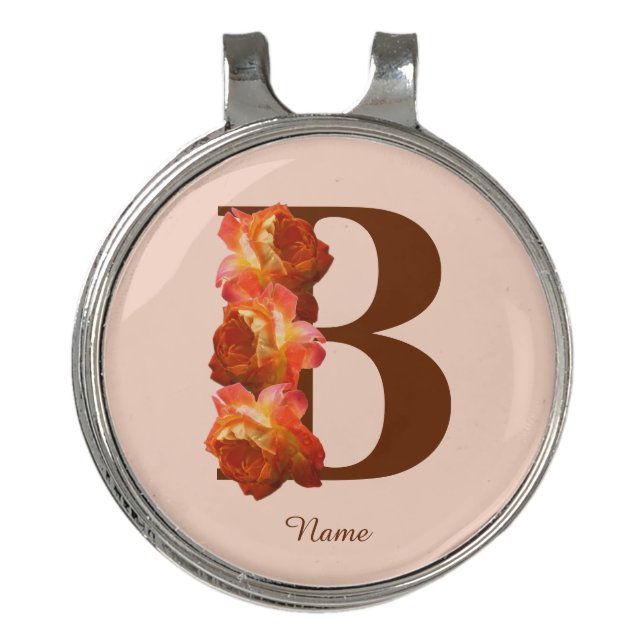 Orange Rose Monogram Initial B Personalized Golf Hat Clip (Front)