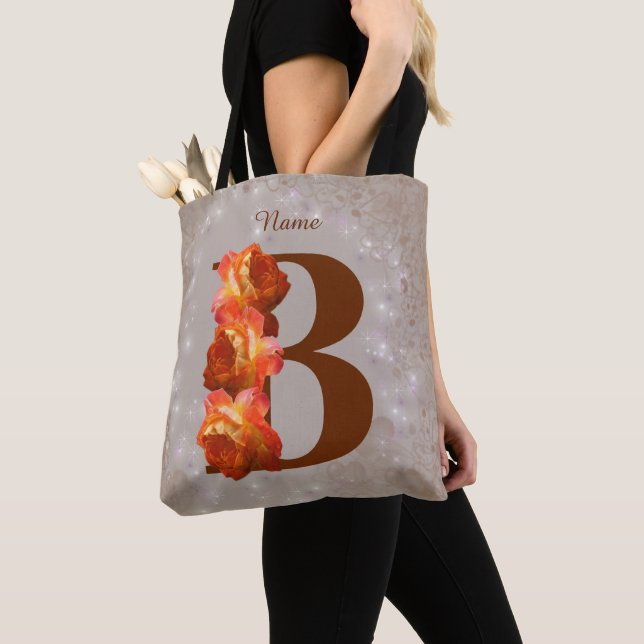 Orange Rose Monogram Initial B Personalized Tote Bag (Close Up)