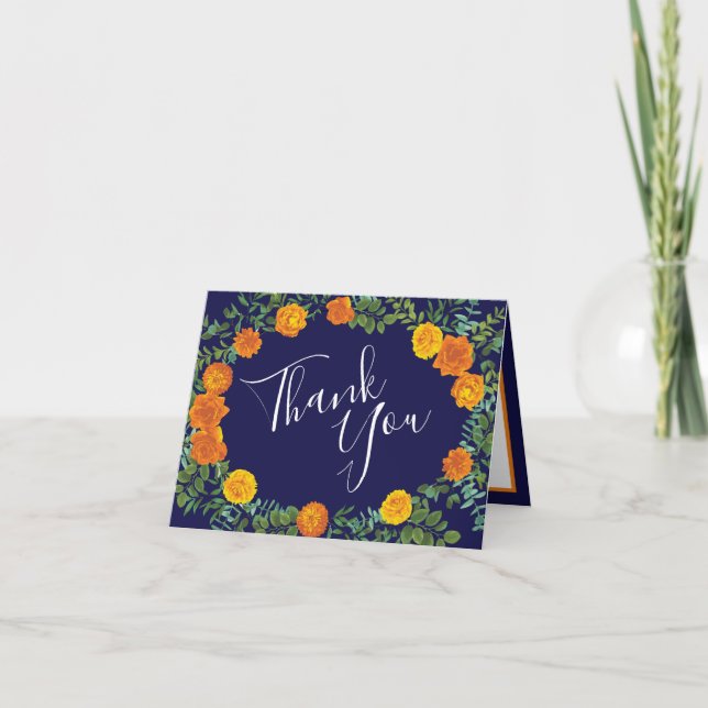 Orange Rose Navy Blue Wedding Thank You Card (Front)
