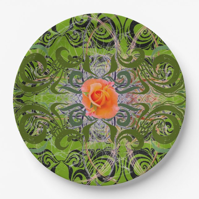 Orange Rose on Green elegant Paper Plates (Front)