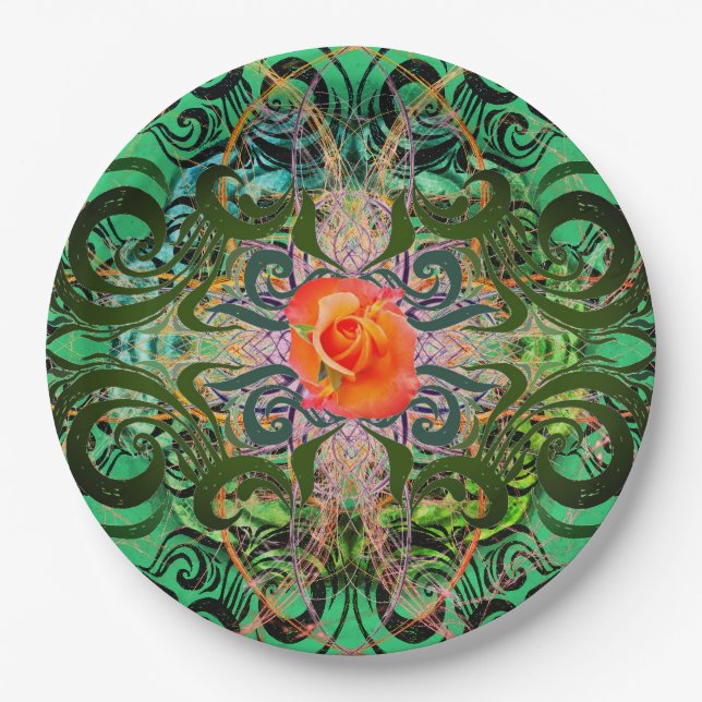 Orange Rose on green elegant pattern Paper Plates (Front)