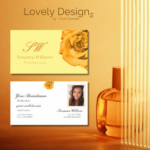 Orange Rose on Plain Peach White Initials Photo Business Card