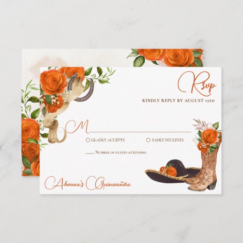 Orange Rose Rustic Charro Western Quinceanera RSVP Card