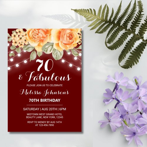 Orange Rose String Lights Burgundy Birthday Invitation