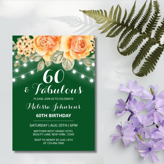 Orange Rose String Lights Green Birthday Invitation (Creator Uploaded)