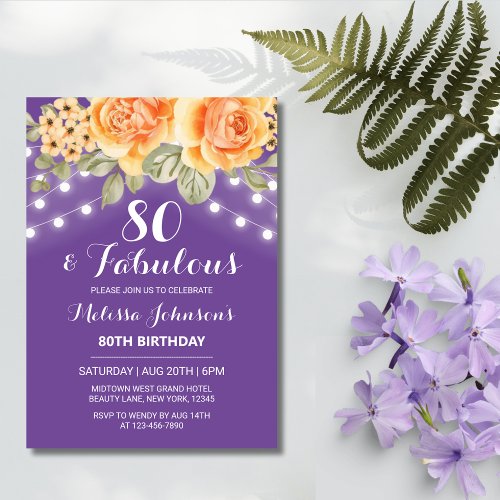 Orange Rose String Lights Purple Birthday Invitation