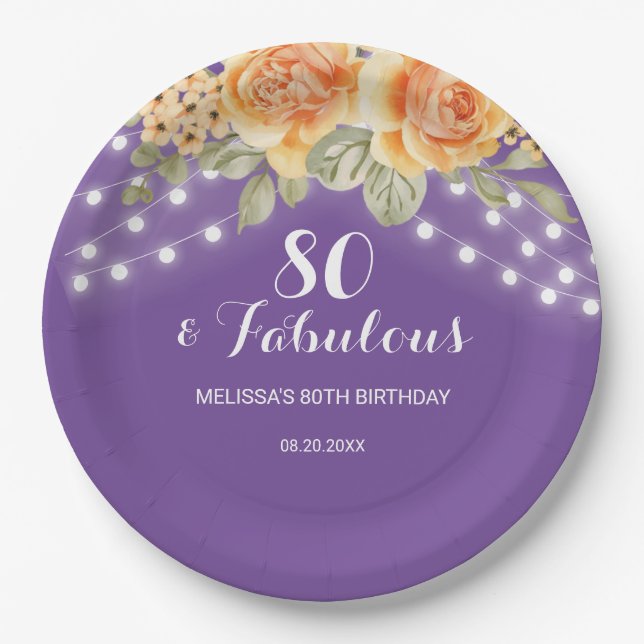 Orange Rose String Lights Purple Birthday Paper Plates (Front)