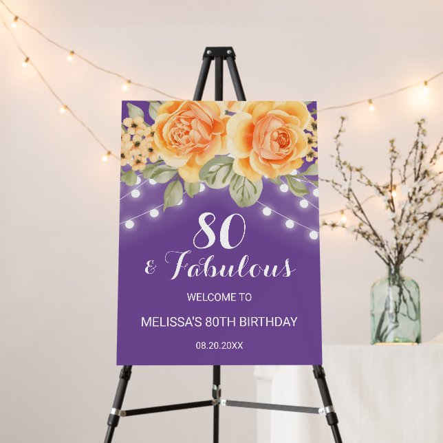 Orange Rose String Lights Purple Birthday Welcome Foam Board (In Situ (Stand))