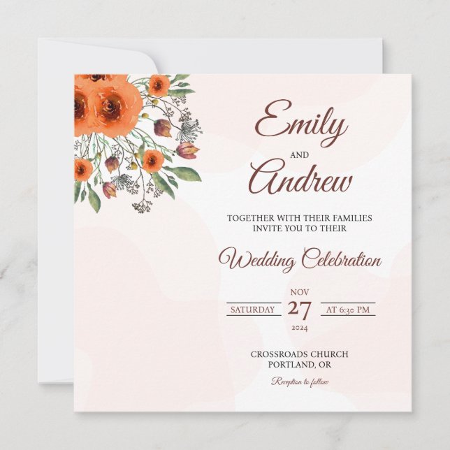Orange Rose Watercolor Floral Square Wedding Invitation (Front)
