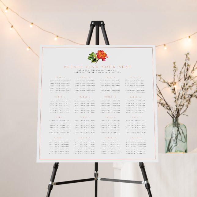 Orange rose wedding 16 table seating chart foam board (In Situ (Stand))
