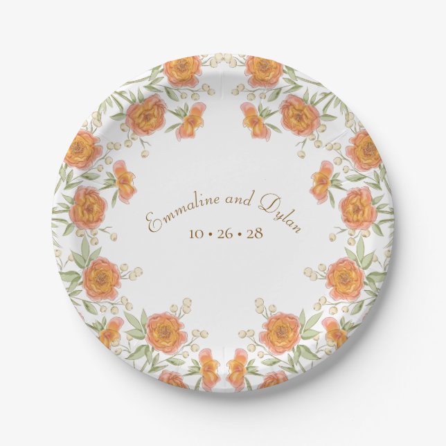 Orange Rose Wedding Paper Plates (Front)