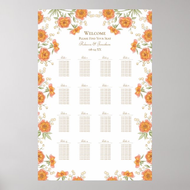 Orange Rose Wedding Seating Chart (Front)