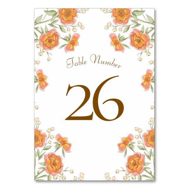 Orange Rose Wedding Table Number (Back)