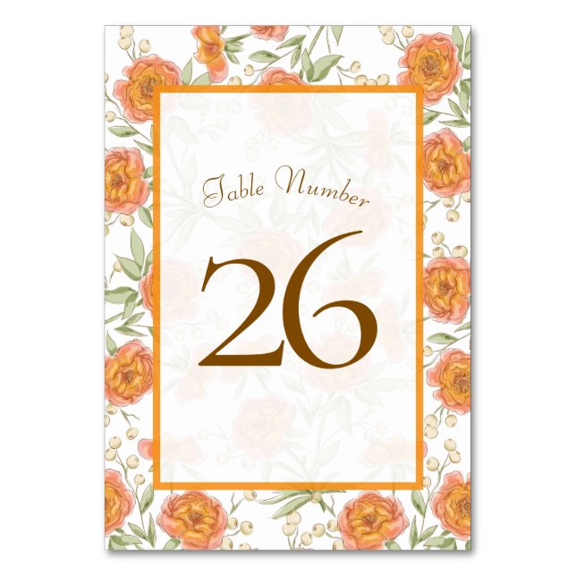 Orange Rose Wedding Table Number (Back)
