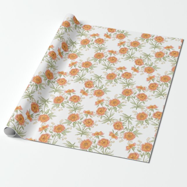 Orange Rose Wedding Wrapping Paper (Unrolled)