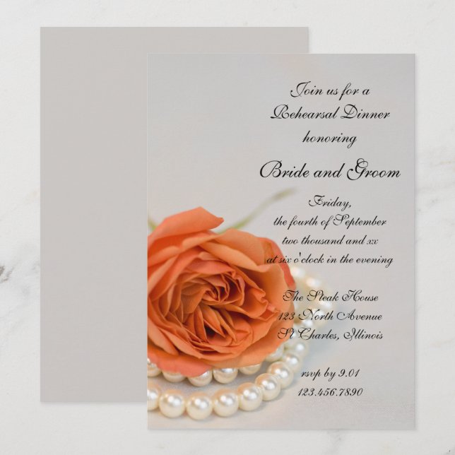 Orange Rose White Pearls Wedding Rehearsal Dinner Invitation (Front/Back)